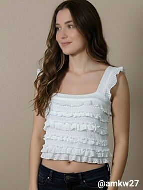 NWT Zara Cotton White Knit Ruffled Crop Top w/ Ruffle Straps Size Large
